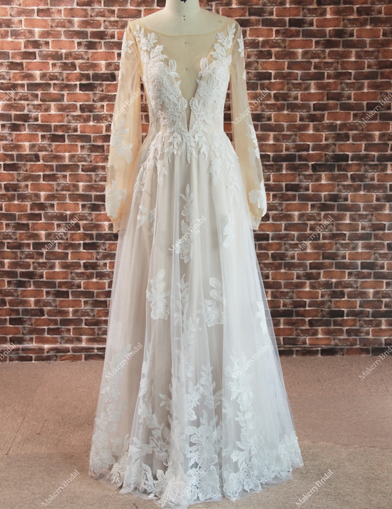 Elegant Princess Long-Sleeve A Line Lace Wedding Dress