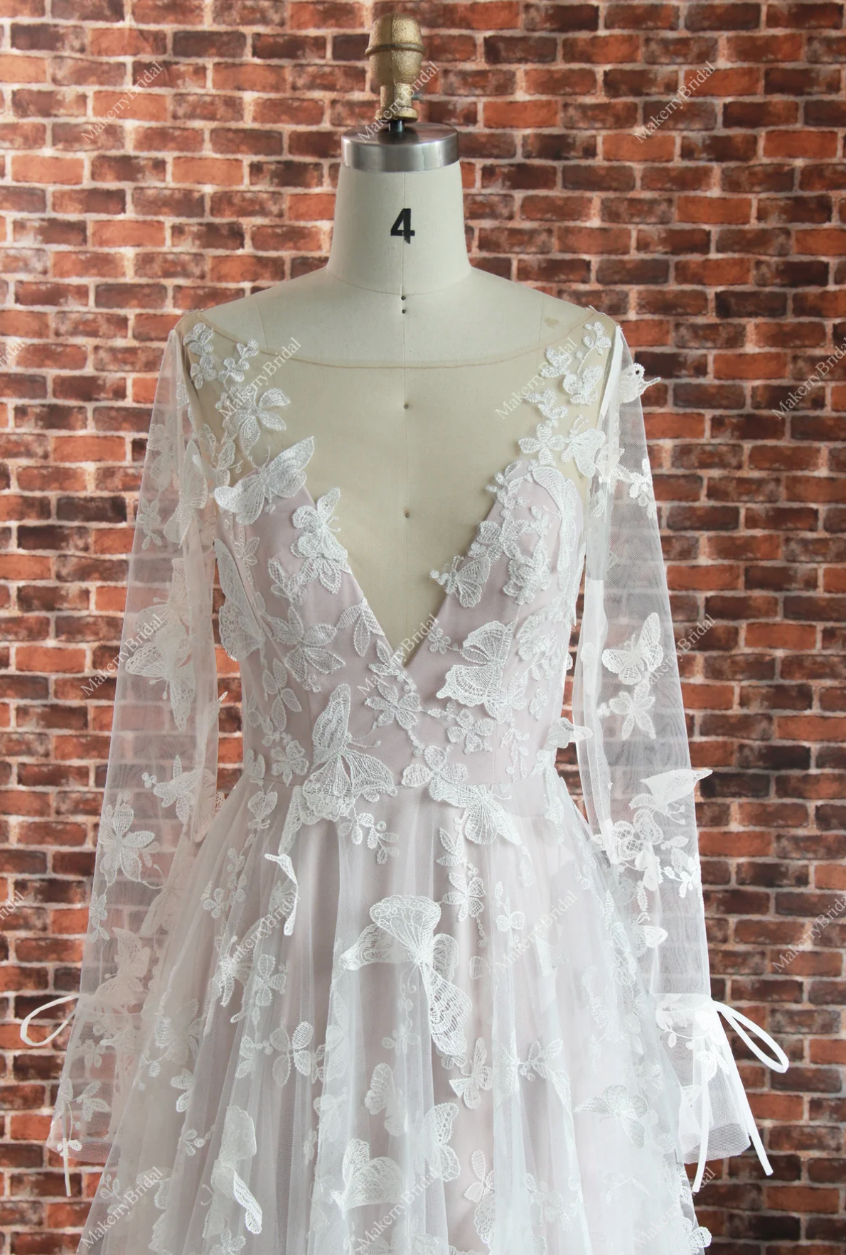 Wedding Dress Boho Lace Butterfly Pattern With Long Sleeves