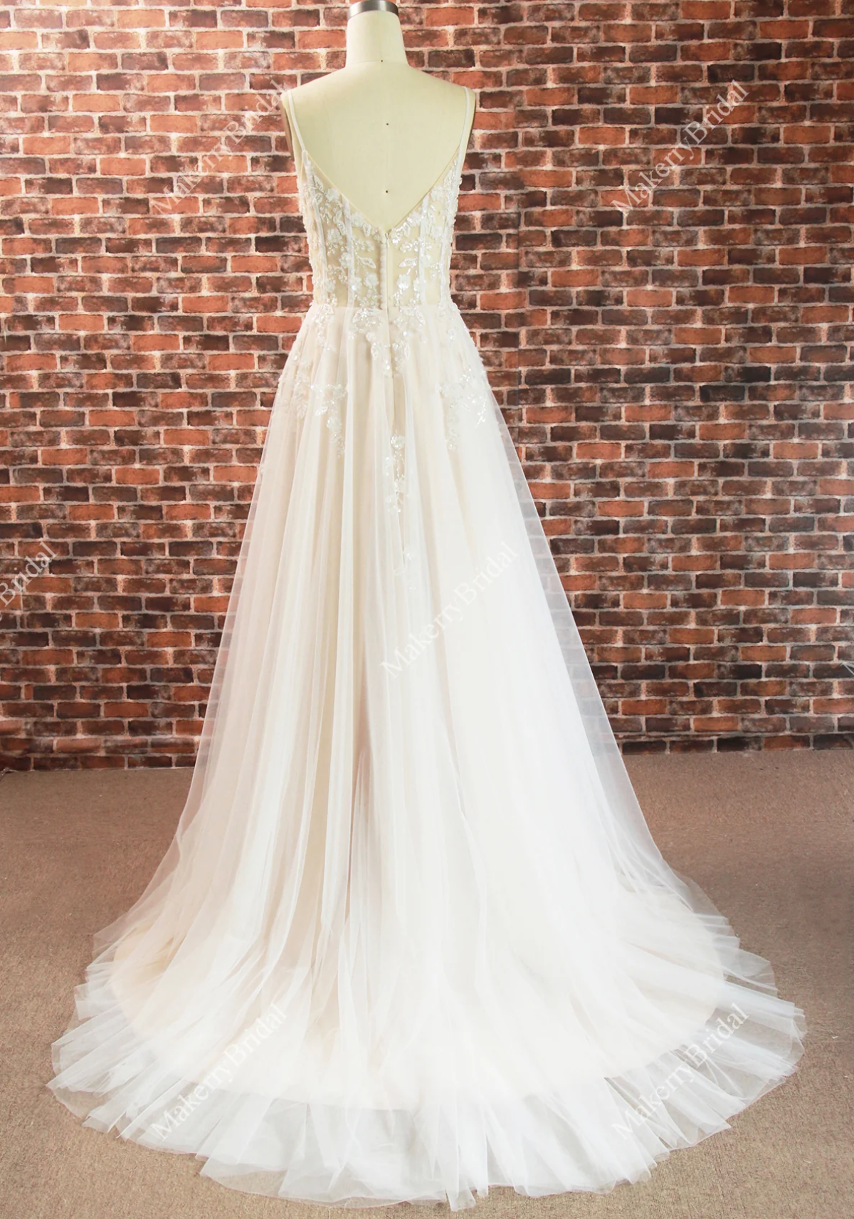 Wedding Dress Boho See Through Lace With 3D beaded Flowers