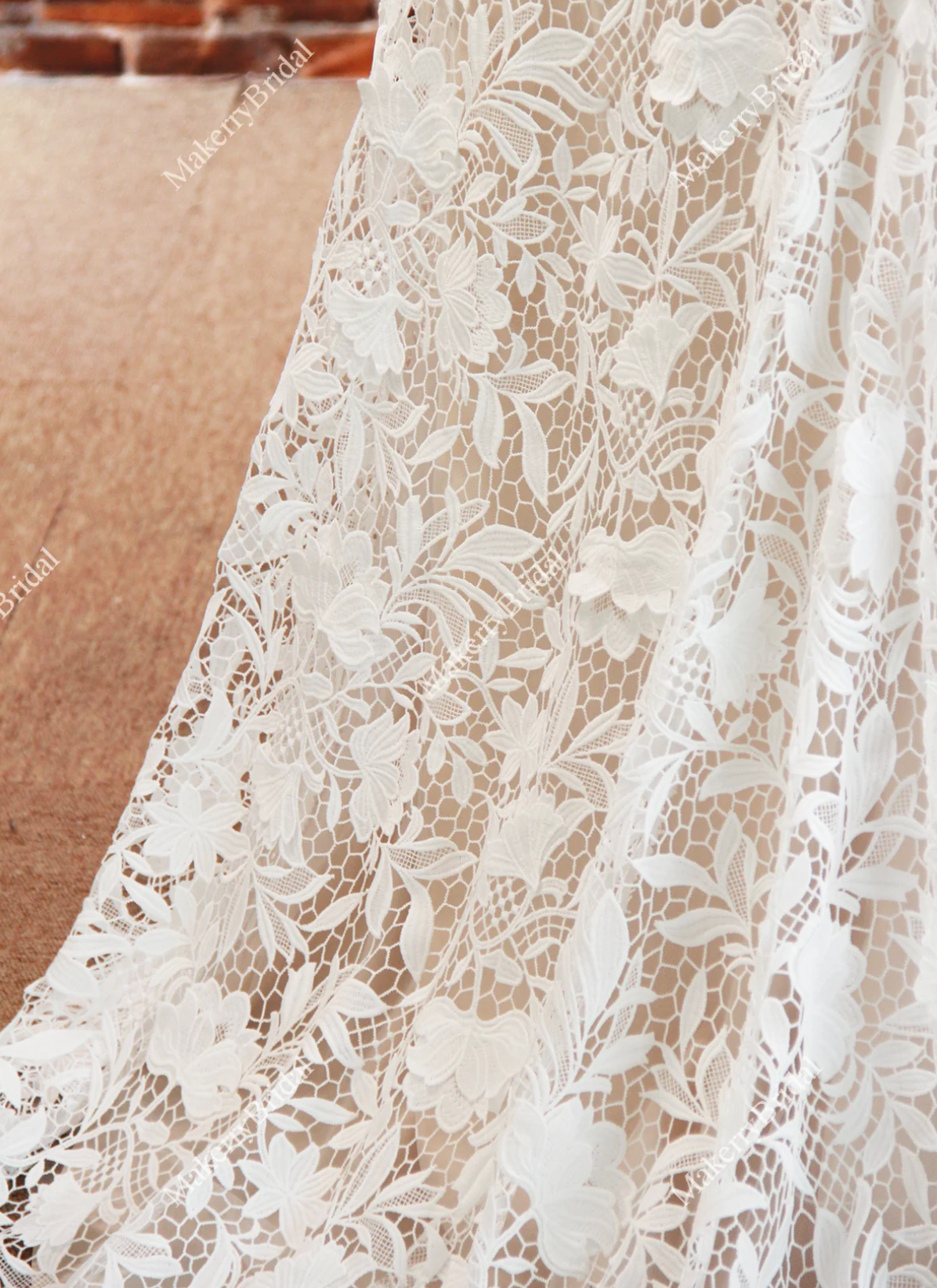 Elegant Three-Dimensional Floral Lace Wedding Dress With Bateau Neckline