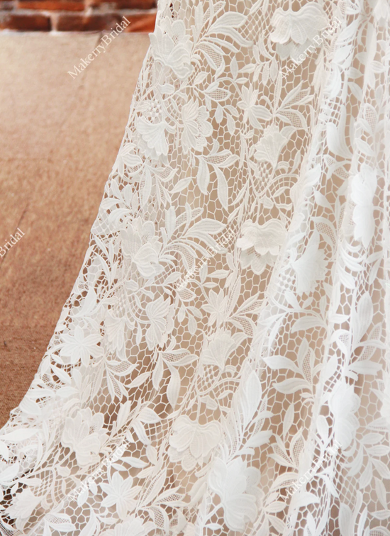 Elegant Three-Dimensional Floral Lace Wedding Dress With Bateau Neckline