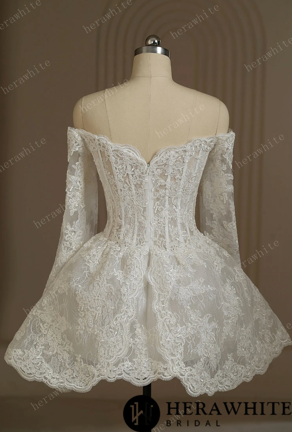 Mini Short Wedding Dress Long Lace Sleeves No Train, This elegant dress features a sparkling lace fabric and a short design that exudes both fashion and romance,