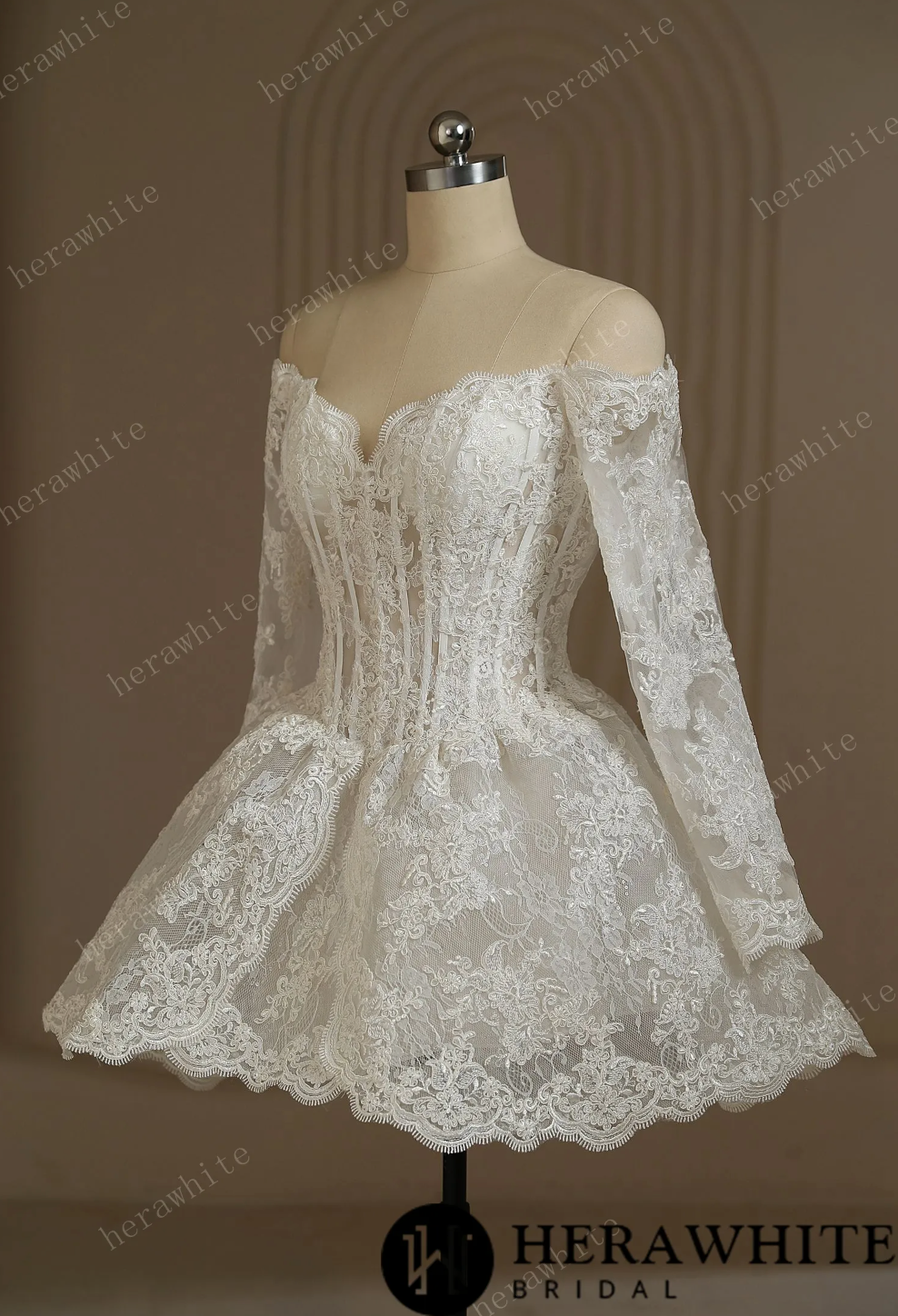 Mini Short Wedding Dress Long Lace Sleeves No Train, This elegant dress features a sparkling lace fabric and a short design that exudes both fashion and romance,