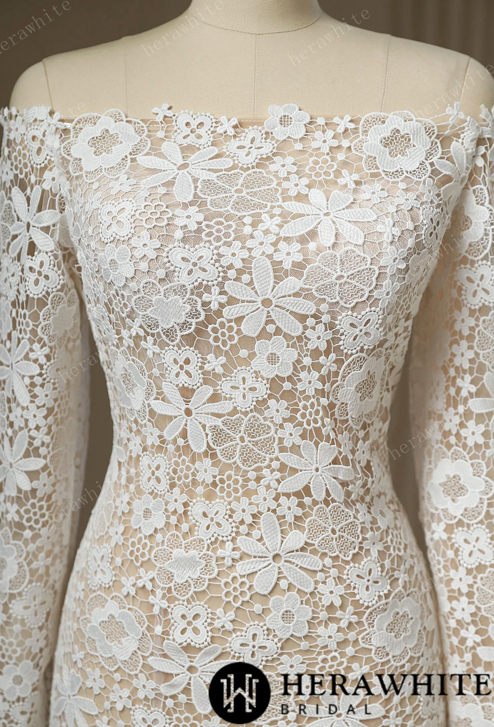 Unique Boho Off The Shoulder Sheer Lace Wedding Dress