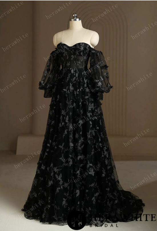 Luxury 3D Lace Appliqué Embroidery Detachable Sleeve Black Wedding Dress
