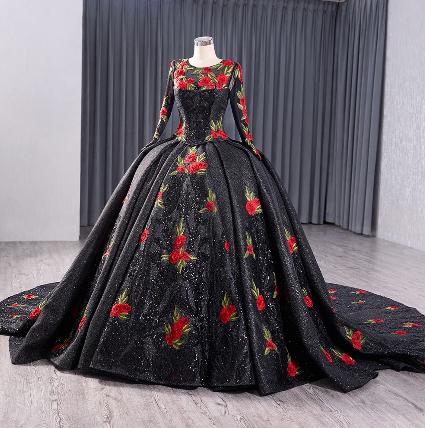 Quinceanera Dress Red Rose Black Ball Gown