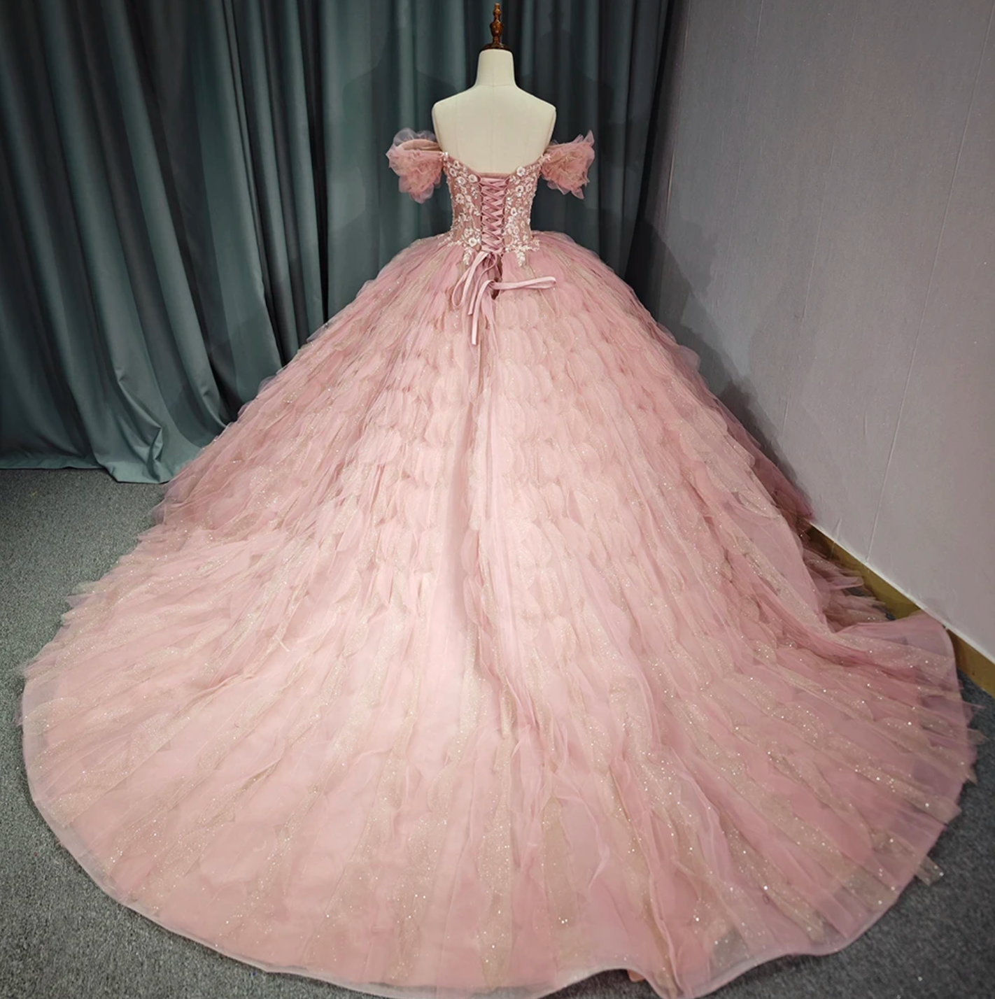 Tulle Tufted Pink Floral Quinceañera Ball Gown Dress