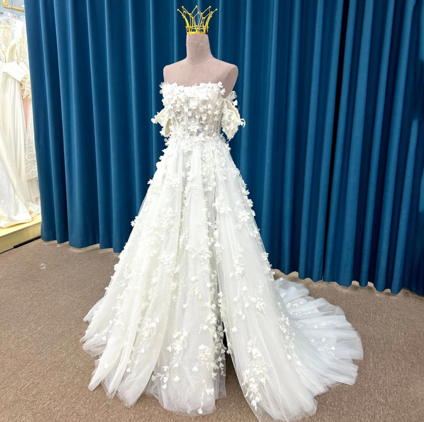 3D Floral A Line Court Train Boho Wedding Dress