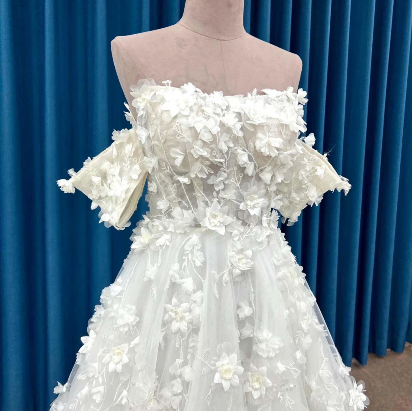 3D Floral A Line Court Train Boho Wedding Dress