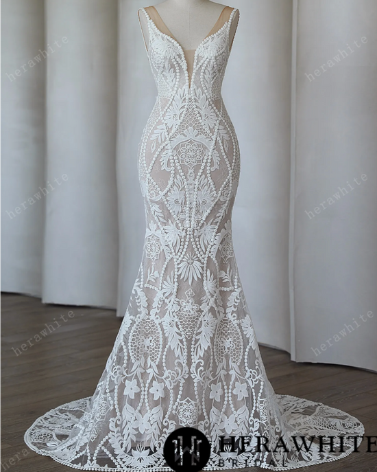 Backless Boho Chic Lace Mermaid Modern Bridal Gown
