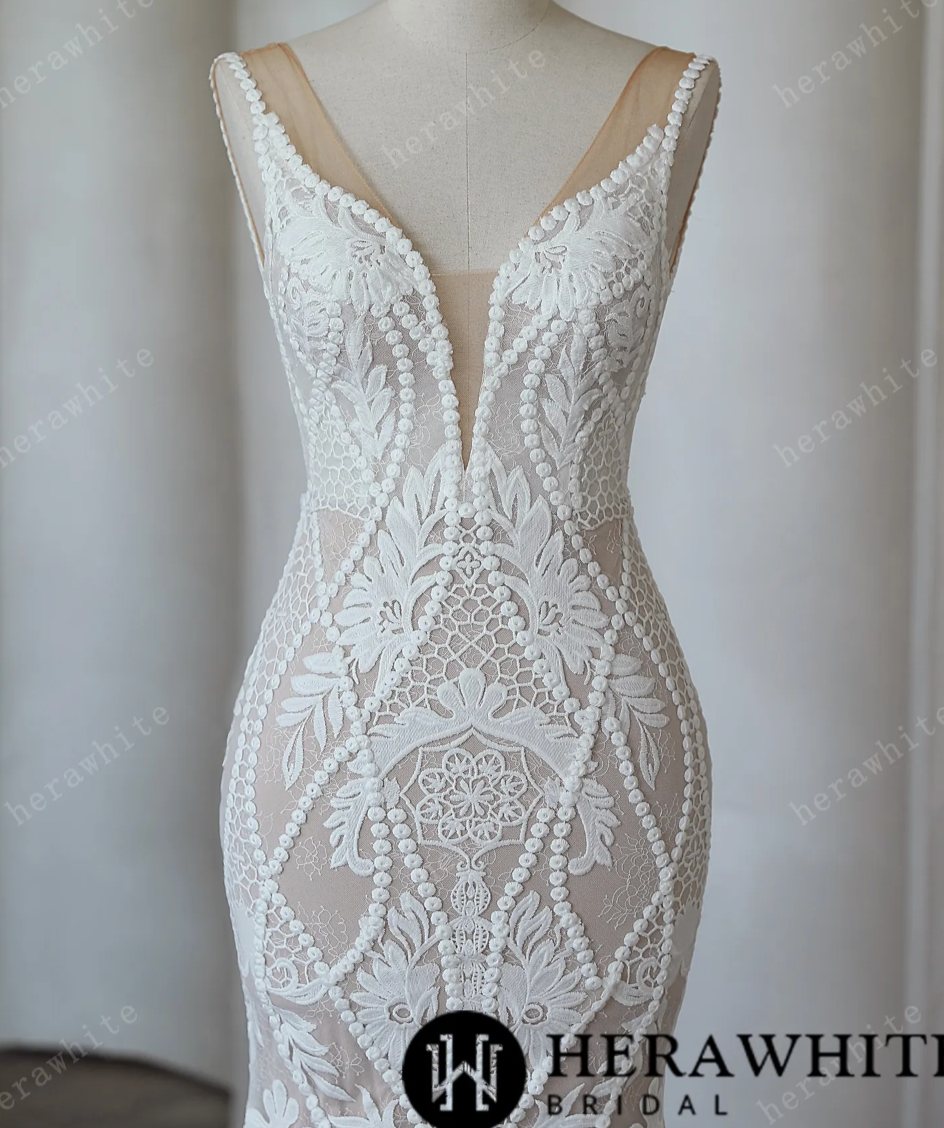 Backless Boho Lace Mermaid Wedding Dress, Indulge in the opulent beauty of the Backless Boho Chic Lace Mermaid Modern Bridal Gown, f