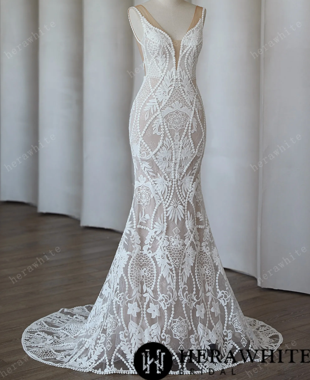 Backless Boho Lace Mermaid Wedding Dress, Indulge in the opulent beauty of the Backless Boho Chic Lace Mermaid Modern Bridal Gown, f