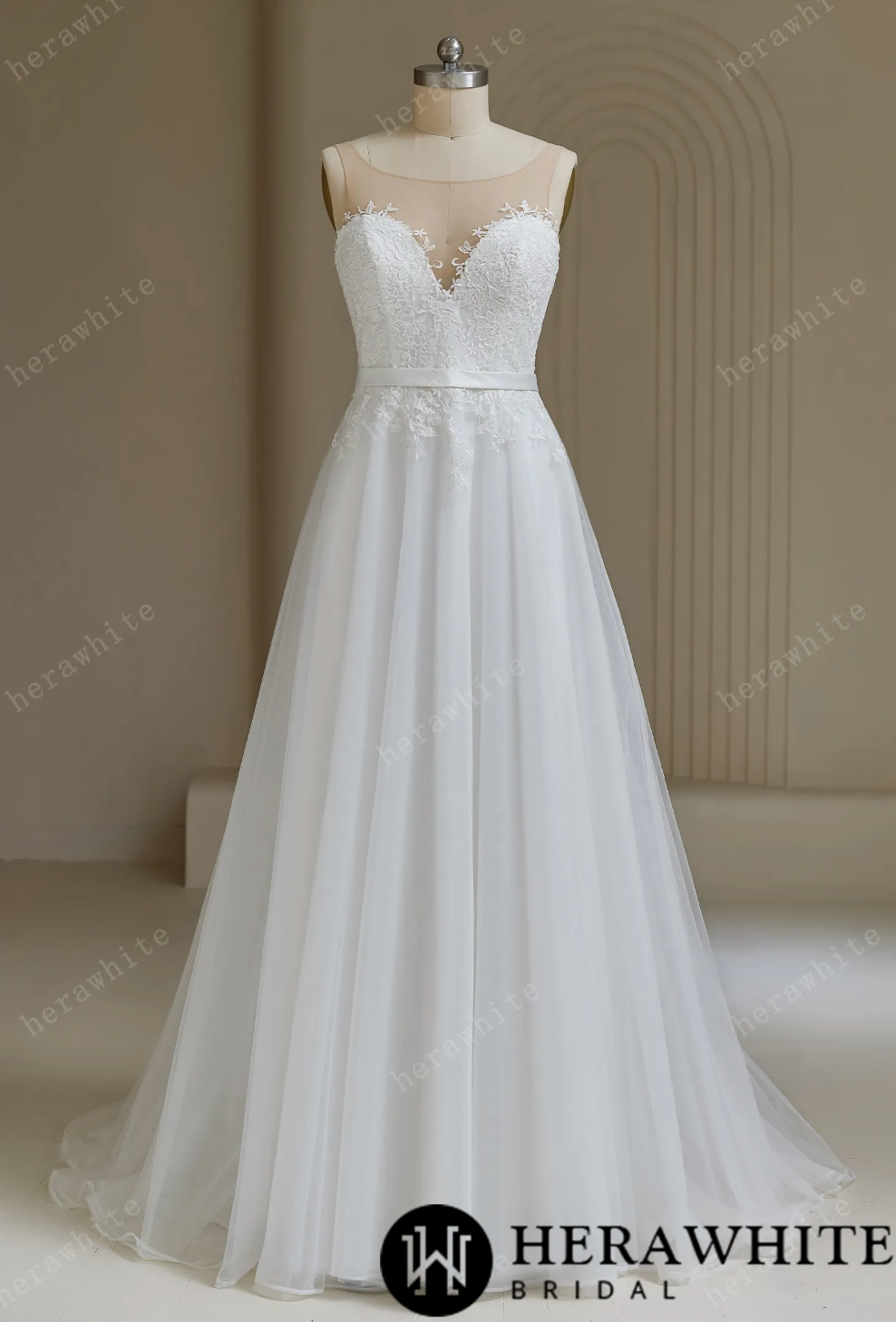 Lace A-Line Wedding Dress Bridal Gown, this wedding dress has a Corset Back and belt is a stunning choice for any bride looking for a combination of elegance