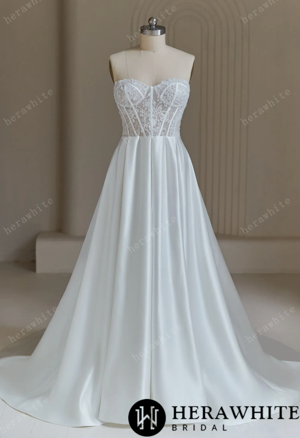 Illusion Lace Satin Wedding Dress With Corset Back Bridal Gown displayed on a mannequin in a soft white color.