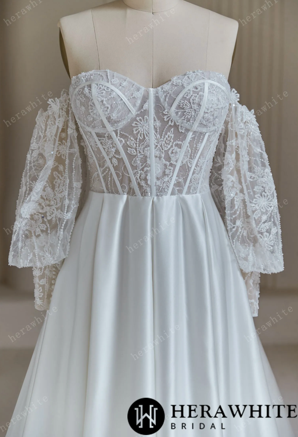 Illusion Lace Satin Wedding Dress With Corset Back Bridal Gown, This stunning wedding dress effortlessly blends classic elegance with modern style.
