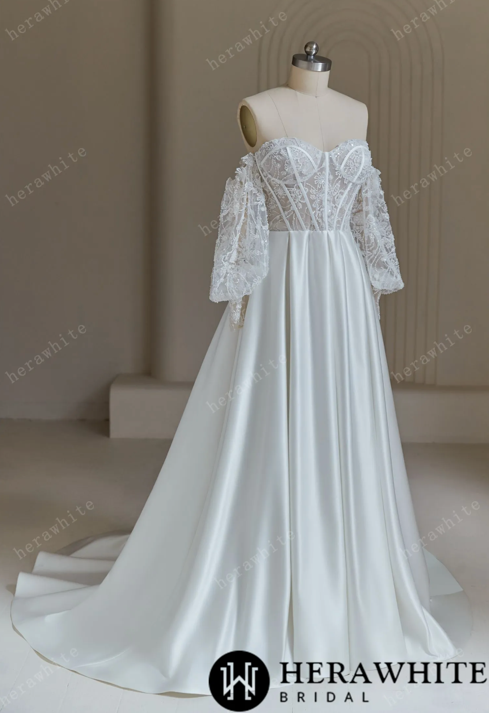 Illusion Lace Satin Wedding Dress With Corset Back Bridal Gown, This stunning wedding dress effortlessly blends classic elegance with modern style.