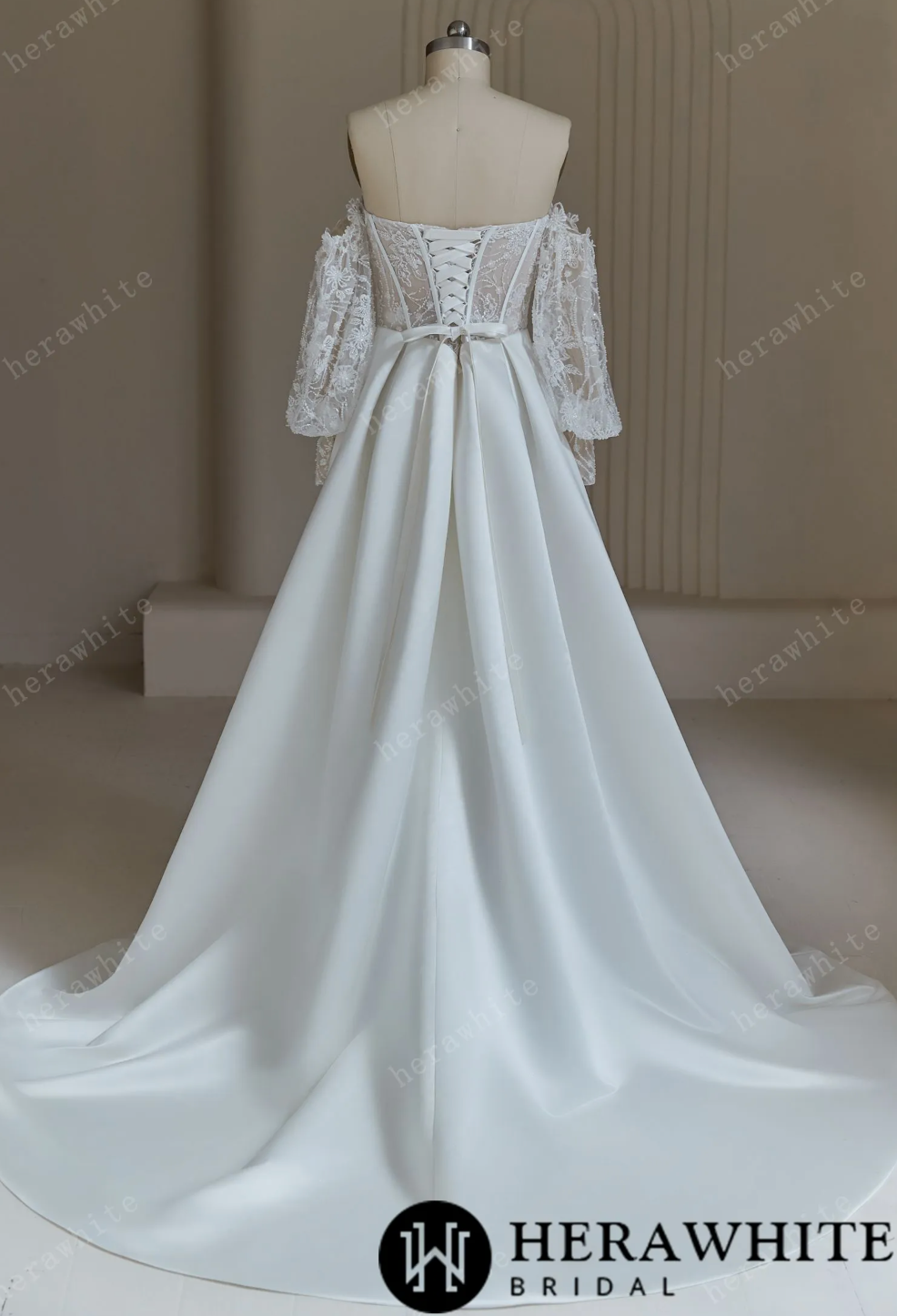 Illusion Lace Satin Wedding Dress With Corset Back Bridal Gown, This stunning wedding dress effortlessly blends classic elegance with modern style.