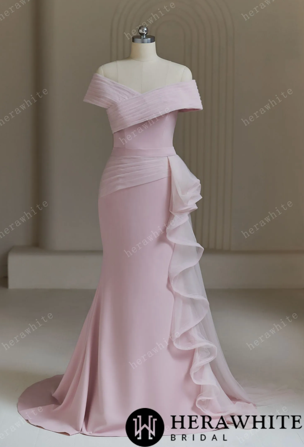 Crepe Off The Shoulder Sleeve Mermaid Wedding Dress , Vintage styling drape front wedding dress featuring a side ruffle for drama