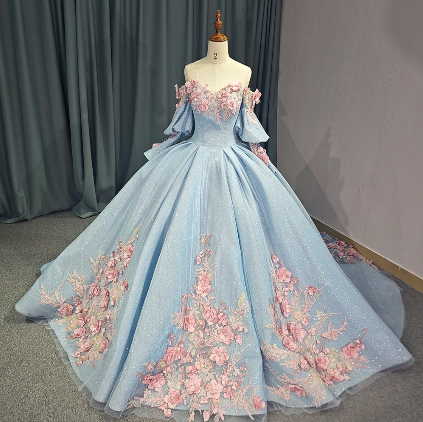 Quinceanera Dress Blue Glitter Organza Ball Gown With Train, Indulge your royal fantasies with this stunning Princess Off The Shoulder Ball Gown