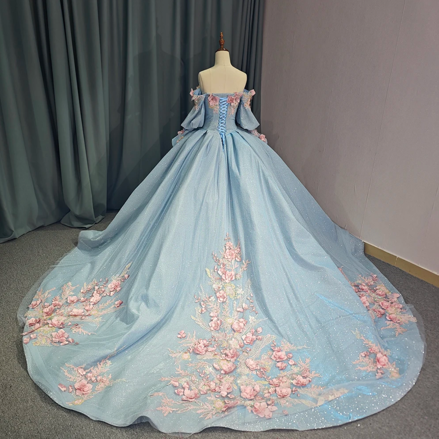 Quinceanera Dress Blue Glitter Organza Ball Gown With Train, Indulge your royal fantasies with this stunning Princess Off The Shoulder Ball Gown