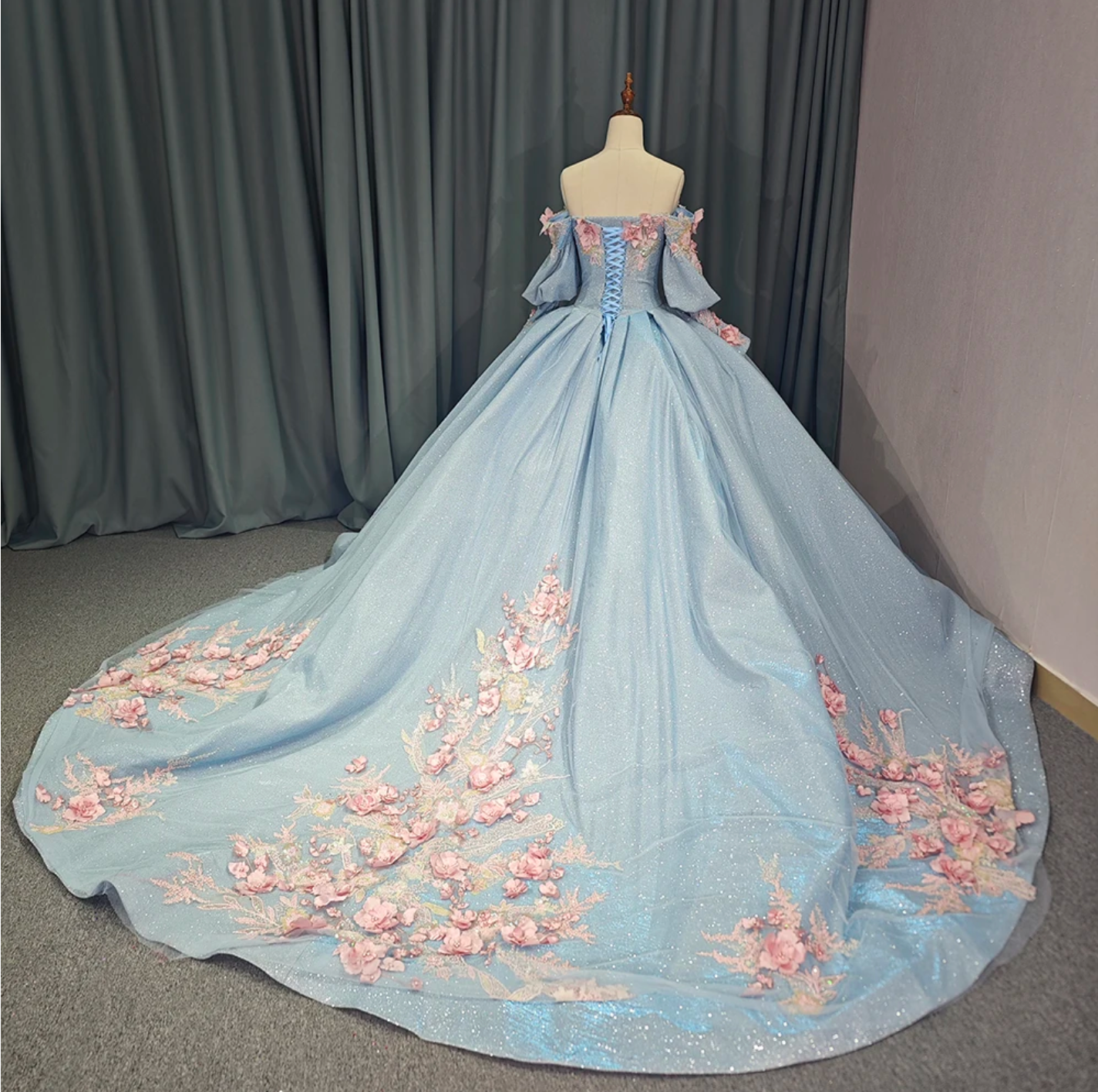 Quinceanera Dress Blue Glitter Organza Ball Gown With Train, Indulge your royal fantasies with this stunning Princess Off The Shoulder Ball Gown