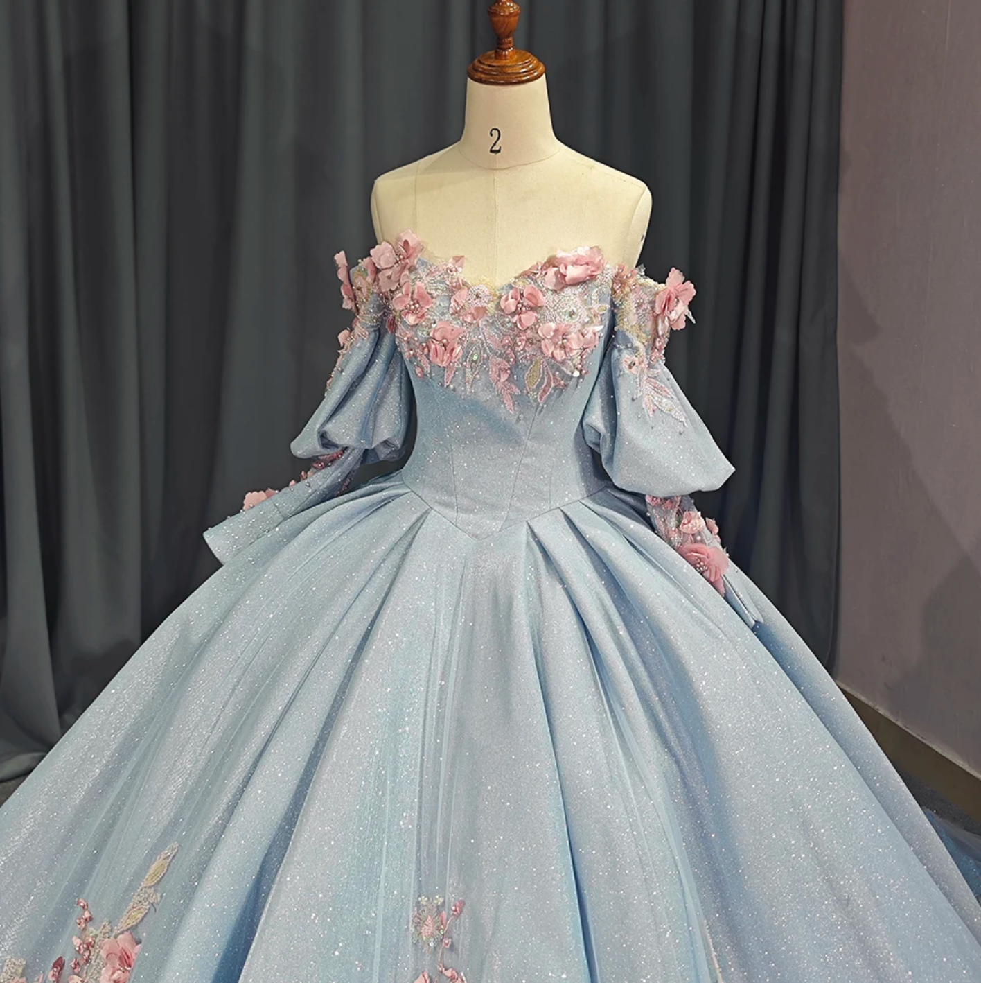Quinceanera Dress Blue Glitter Organza Ball Gown With Train, Indulge your royal fantasies with this stunning Princess Off The Shoulder Ball Gown