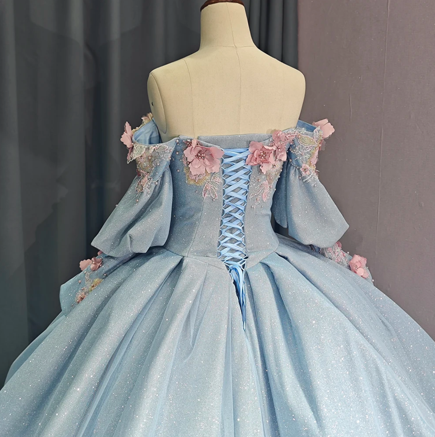 Quinceanera Dress Blue Glitter Organza Ball Gown With Train, Indulge your royal fantasies with this stunning Princess Off The Shoulder Ball Gown