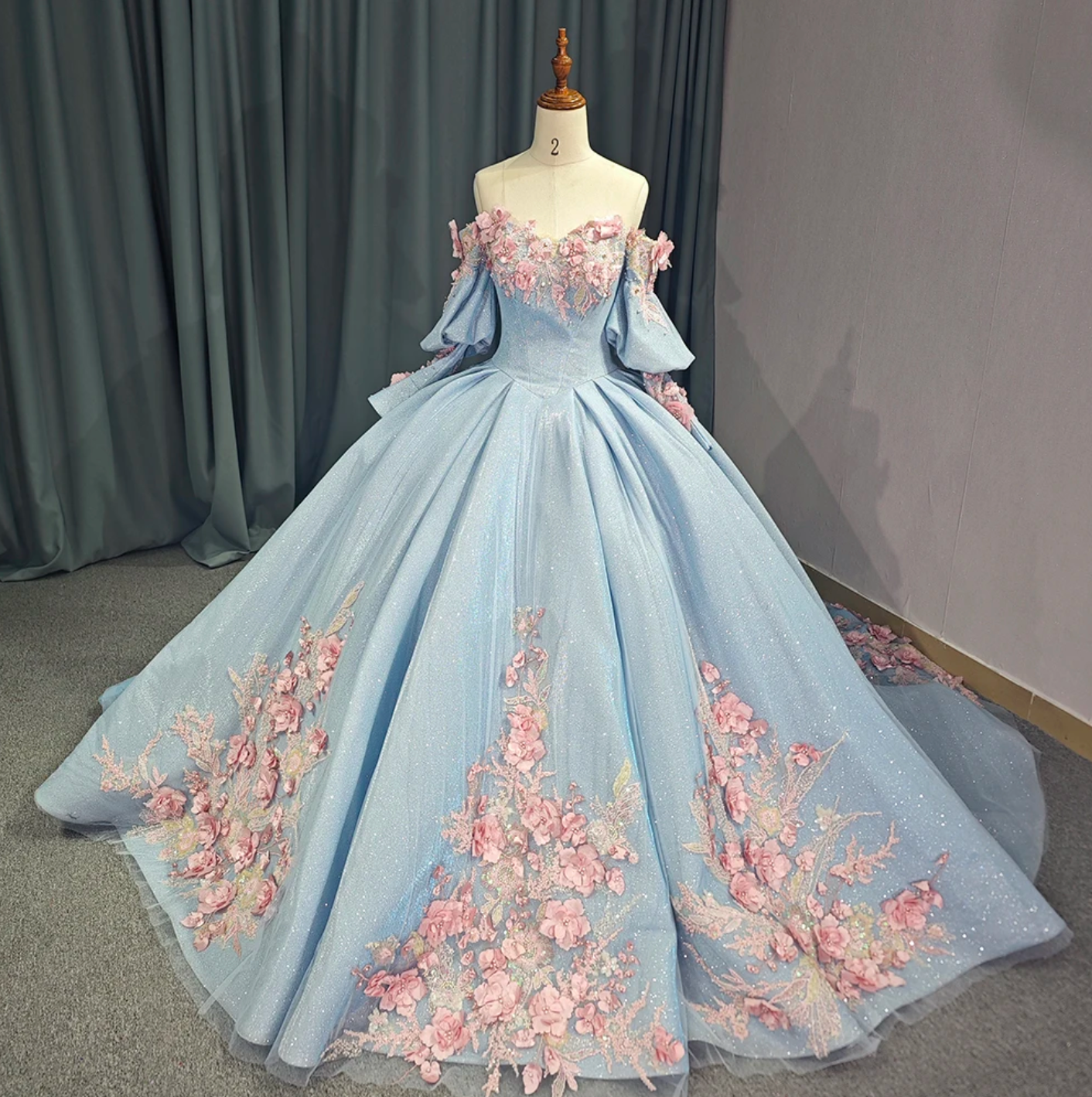 Quinceanera Dress Blue Glitter Organza Ball Gown With Train, Indulge your royal fantasies with this stunning Princess Off The Shoulder Ball Gown