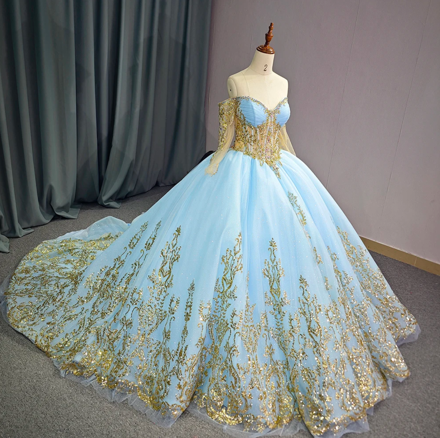 Quinceanera Dress Blue Organza Glitter Tulle Ball Gown With Train, Make your entrance to the event like royalty in this luxurious ball gown fit for a princess. F