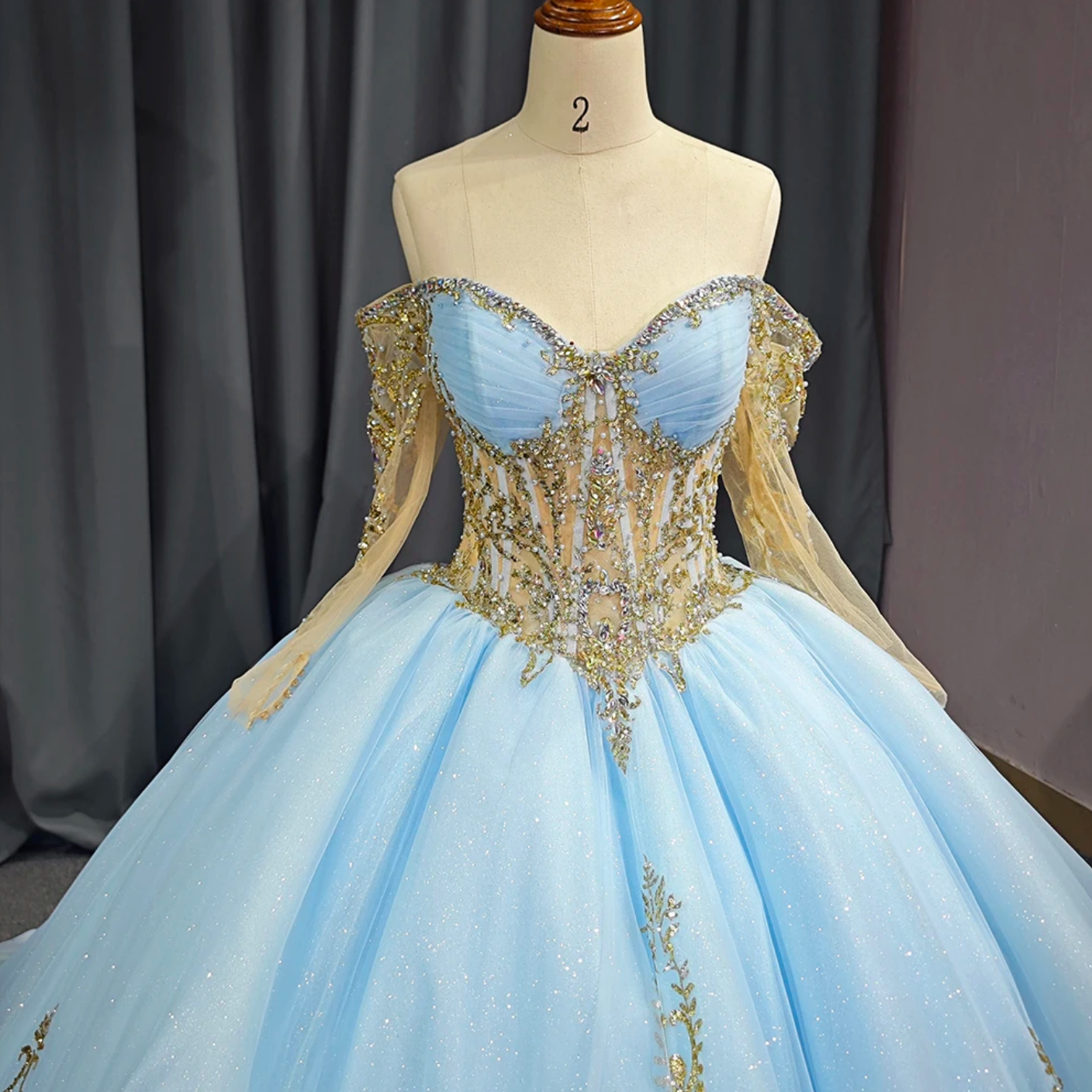Quinceanera Dress Blue Organza Glitter Tulle Ball Gown With Train, Make your entrance to the event like royalty in this luxurious ball gown fit for a princess. F