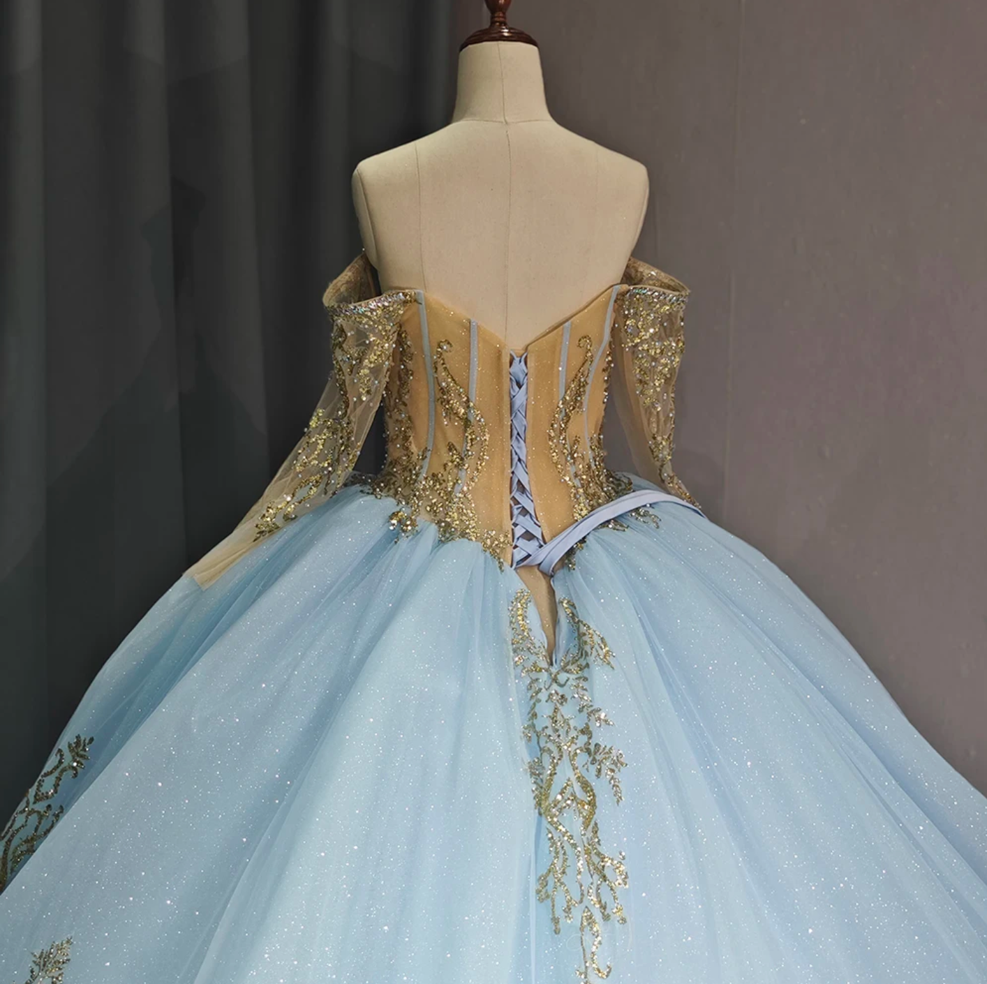 Quinceanera Dress Blue Organza Glitter Tulle Ball Gown With Train, Make your entrance to the event like royalty in this luxurious ball gown fit for a princess. F