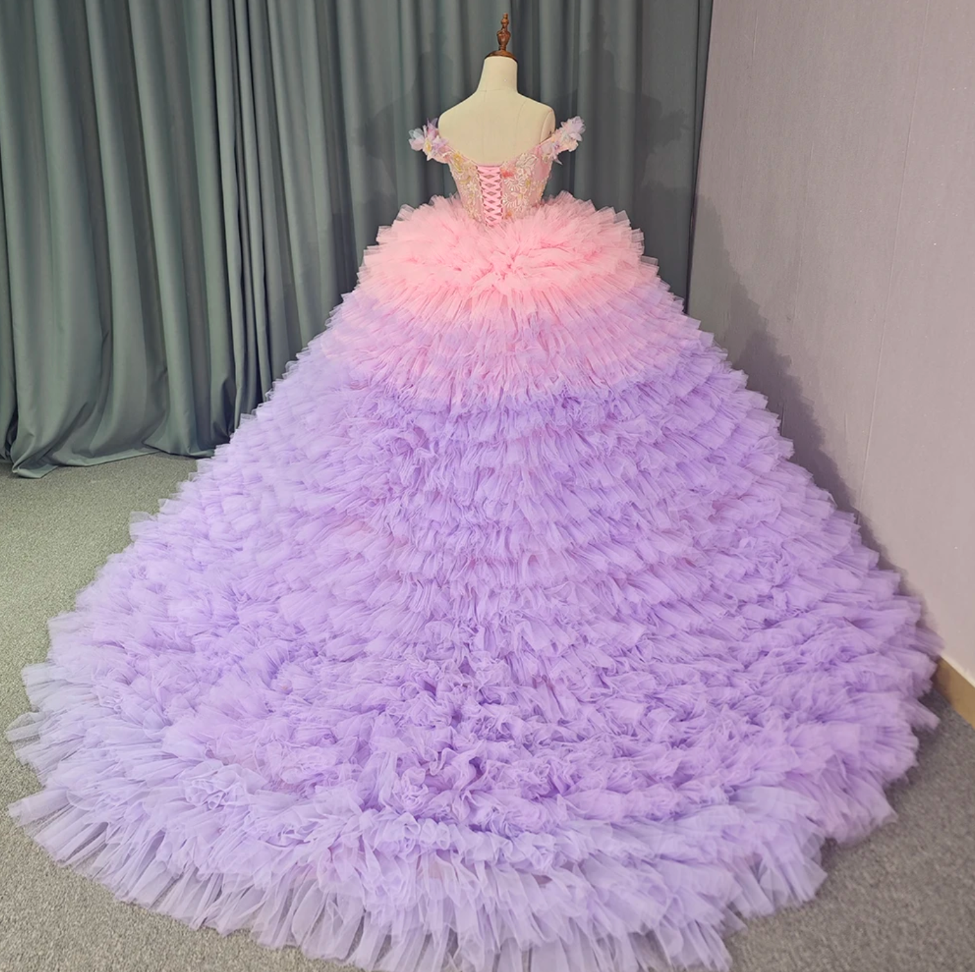 Quinceanera Dress Boat Neck Multi Color Ombre Ruffled Tulle Ball Gown, kIndulge in luxury with our Boat Neck Off Shoulder Corset Ball Gown Quinceanera Dress.