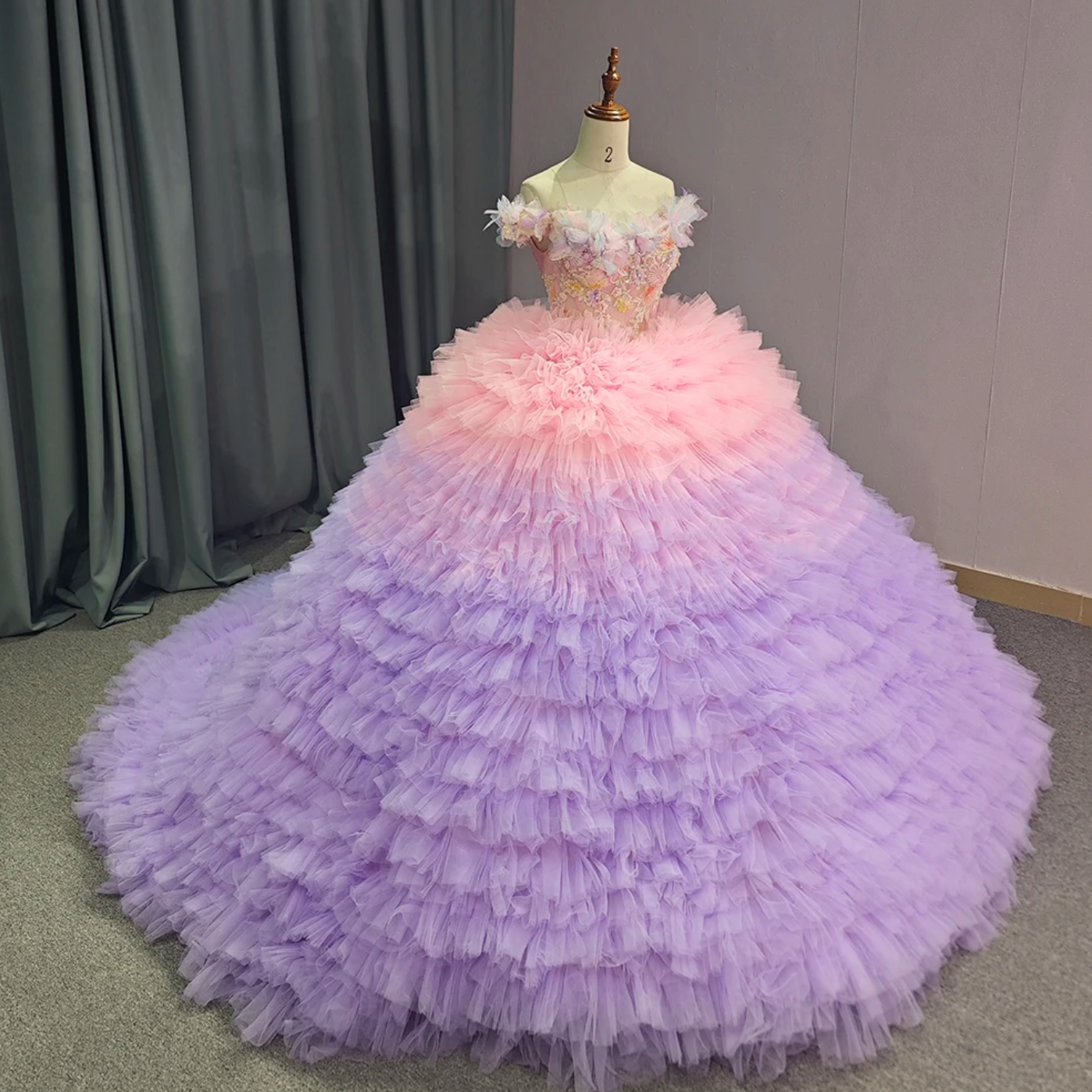 Quinceanera Dress Boat Neck Multi Color Ombre Ruffled Tulle Ball Gown, kIndulge in luxury with our Boat Neck Off Shoulder Corset Ball Gown Quinceanera Dress.