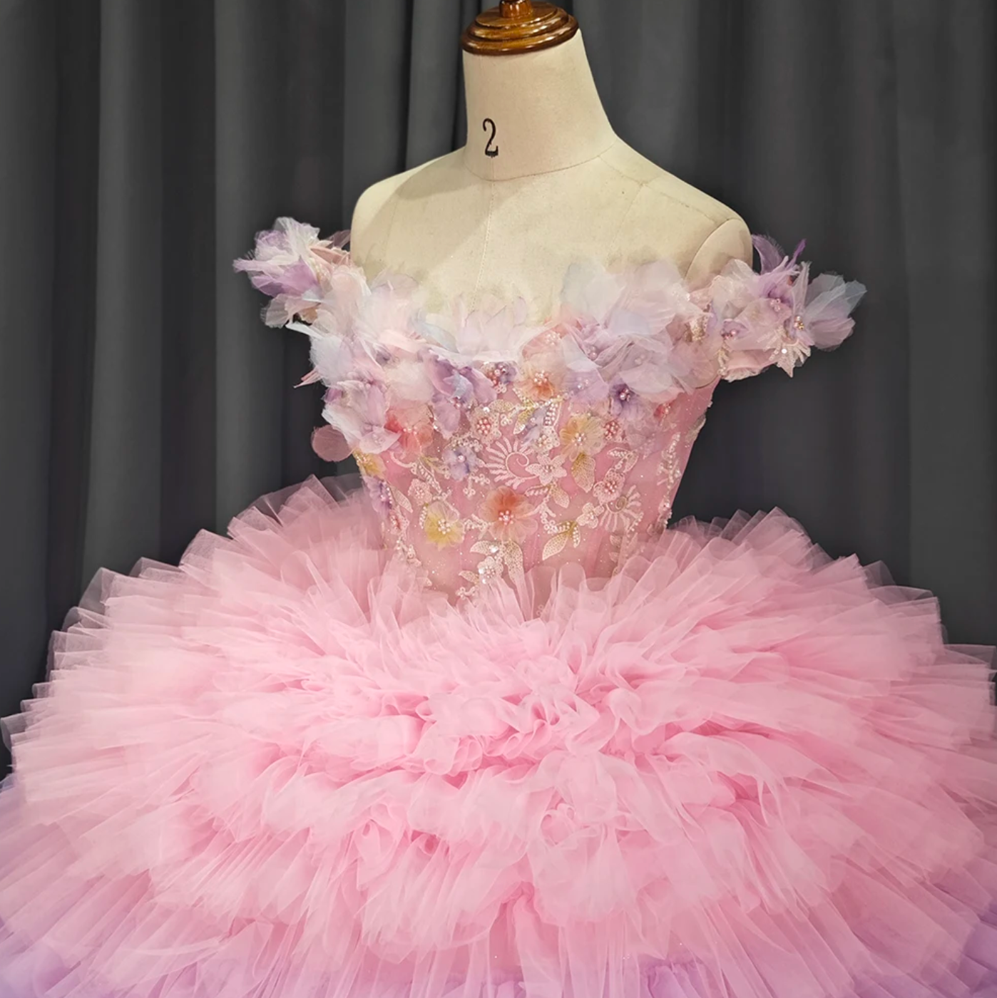 Quinceanera Dress Boat Neck Multi Color Ombre Ruffled Tulle Ball Gown, kIndulge in luxury with our Boat Neck Off Shoulder Corset Ball Gown Quinceanera Dress.