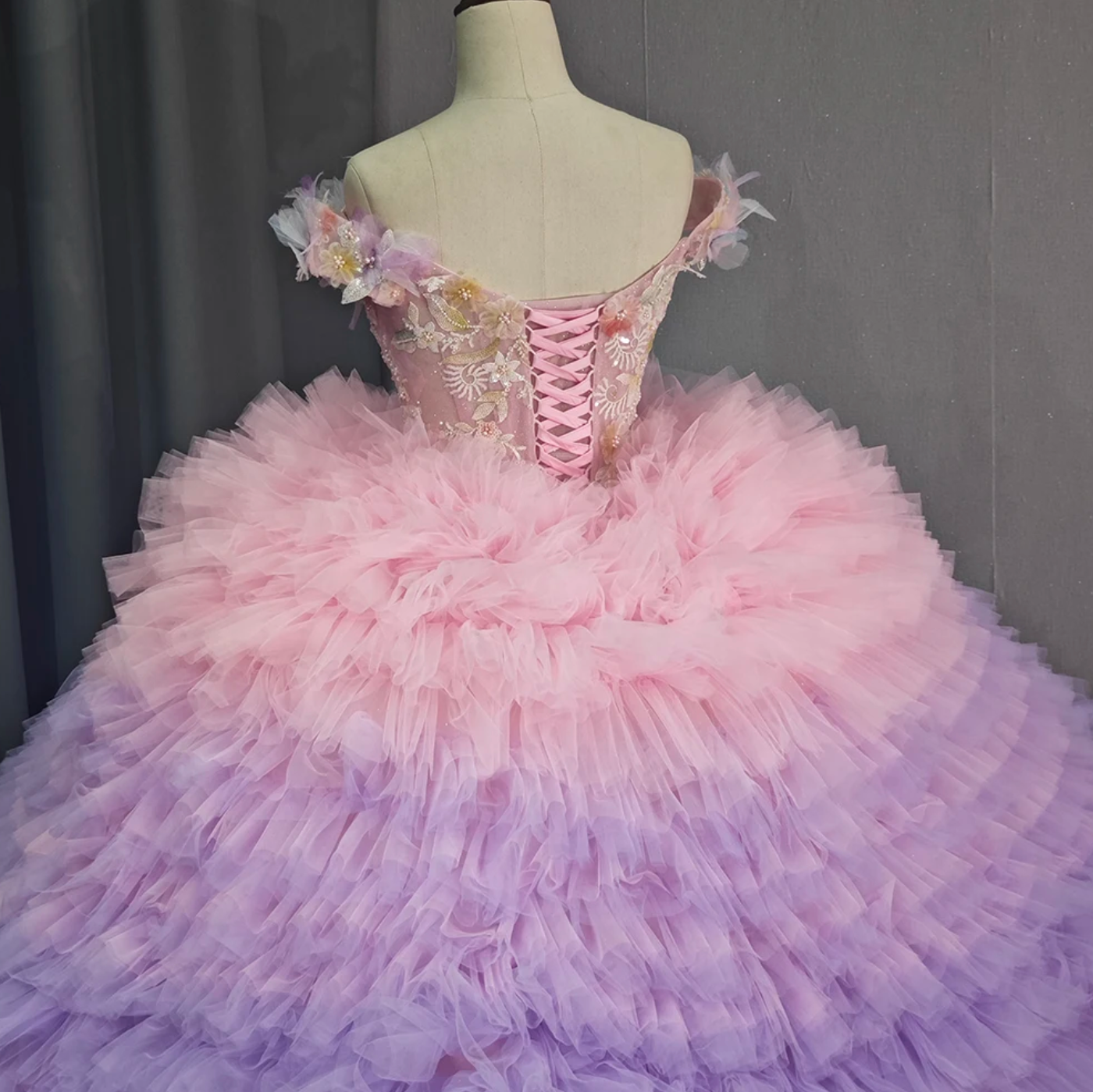 Quinceanera Dress Boat Neck Multi Color Ombre Ruffled Tulle Ball Gown, kIndulge in luxury with our Boat Neck Off Shoulder Corset Ball Gown Quinceanera Dress.