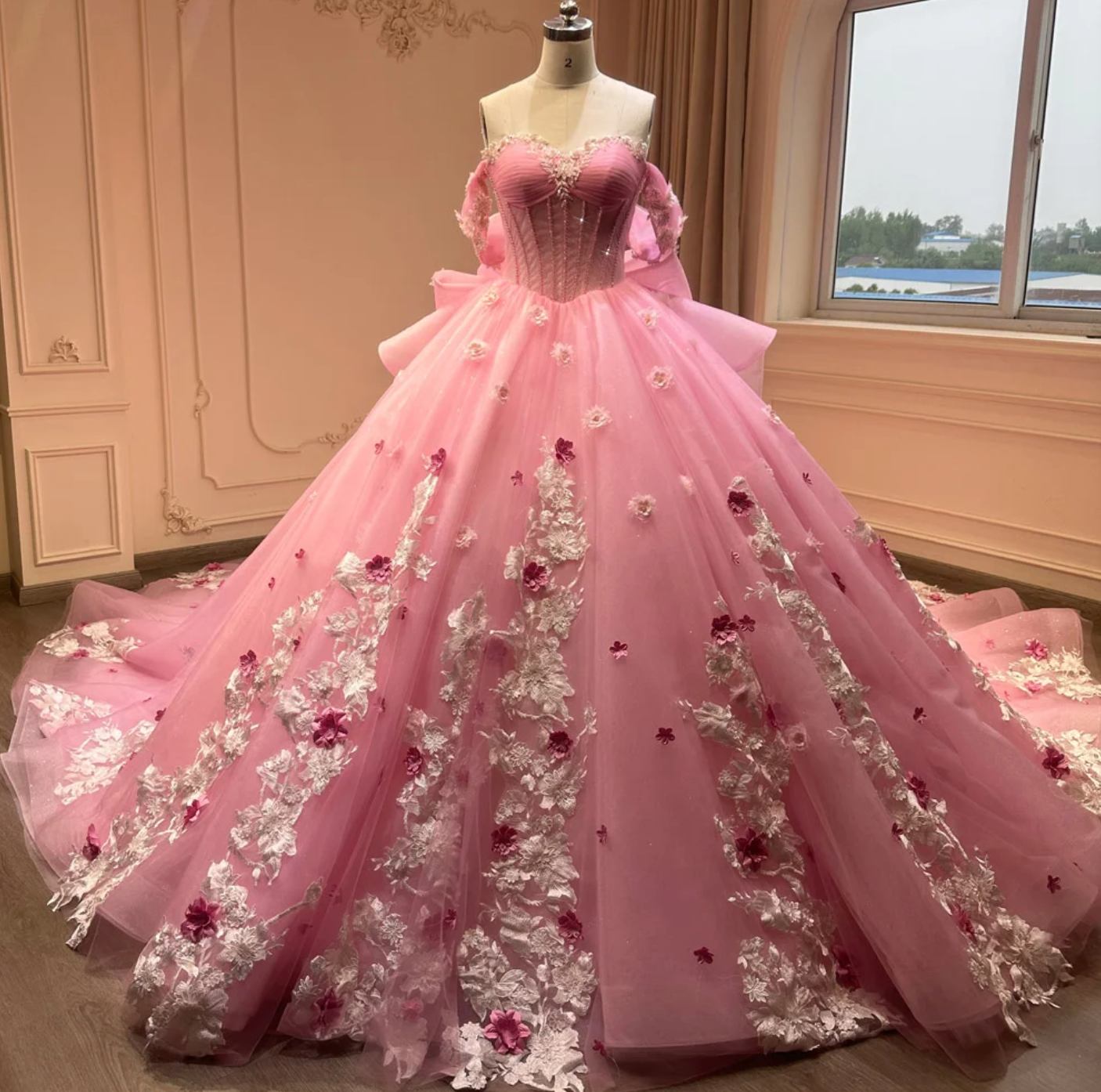 Quinceanera Dress Pink Floral Sweetheart Ball Gown, Designed for a princess, this exquisite ball gown features 3D lace, sparkling beading, and a corset style bodice