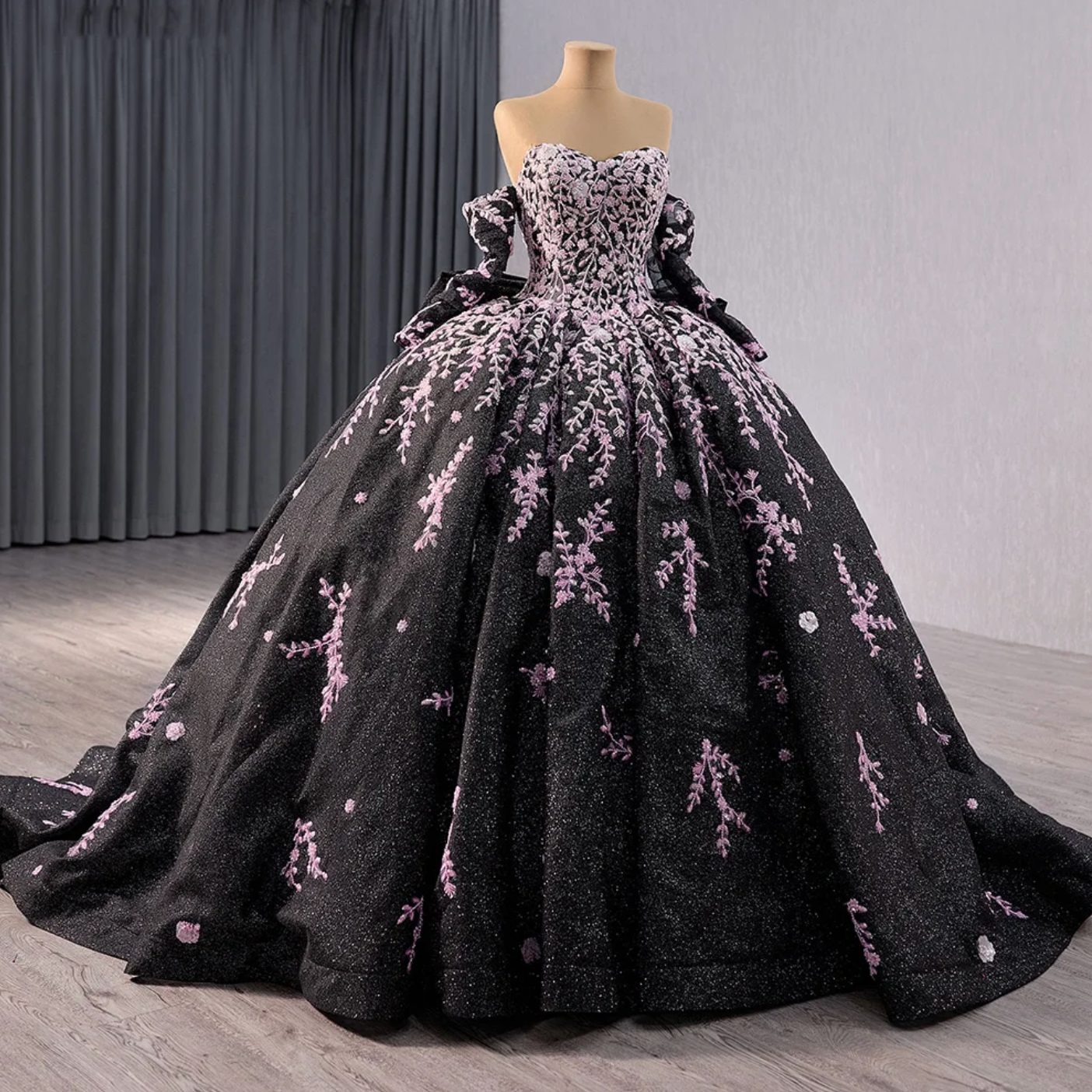 Quinceanera Dress Black Ball Gown Detachable Sleeve