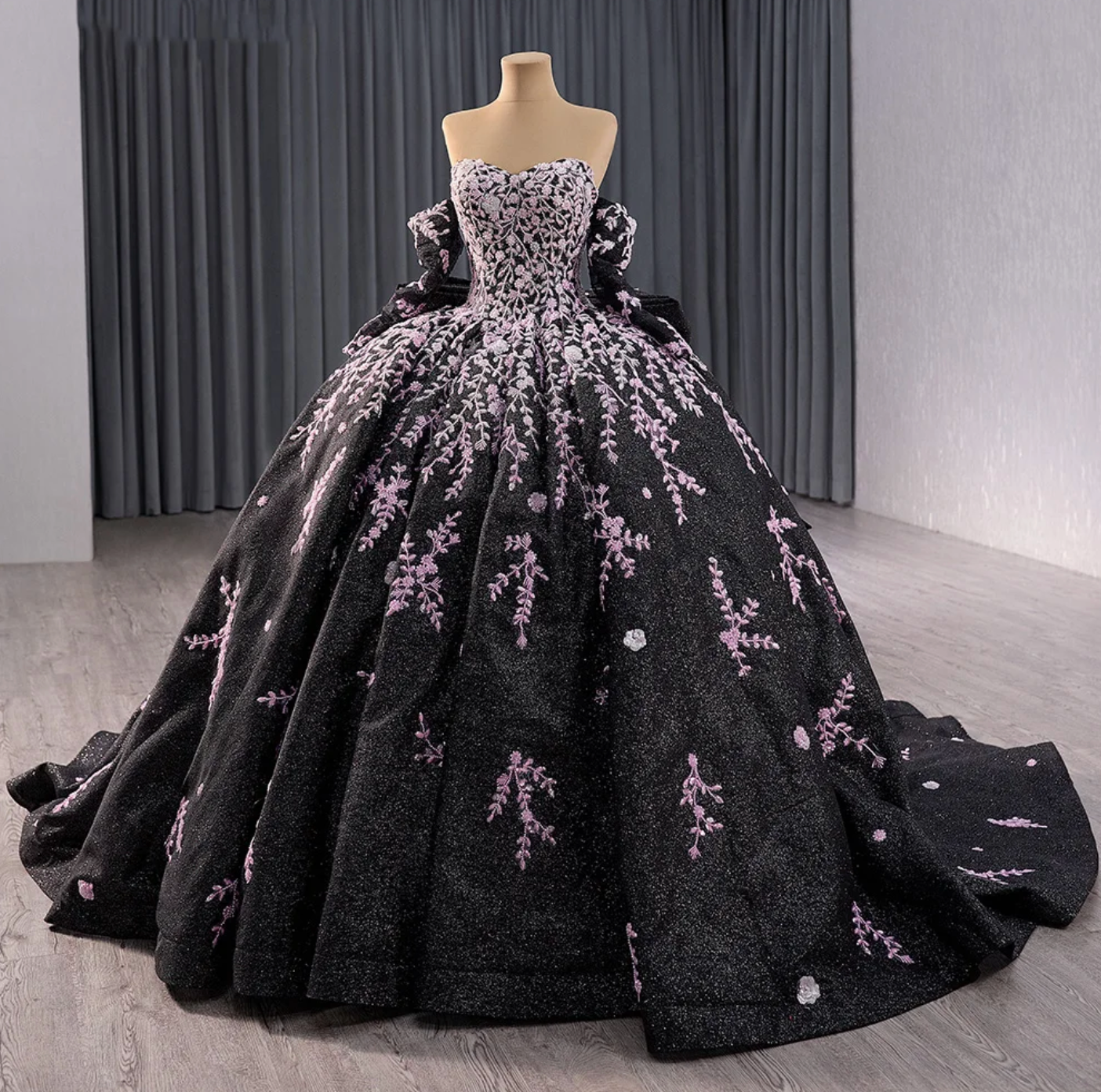 Quinceanera Dress Black Ball Gown Detachable Sleeve