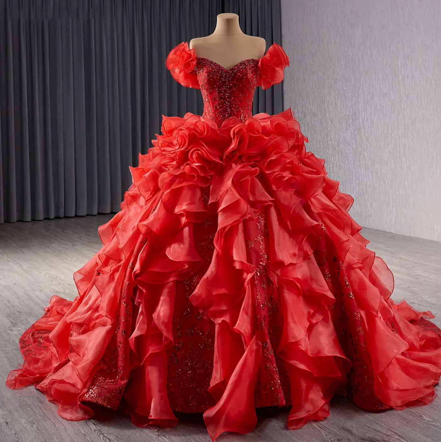 Quinceanera Dress Red With Puff Sleeves