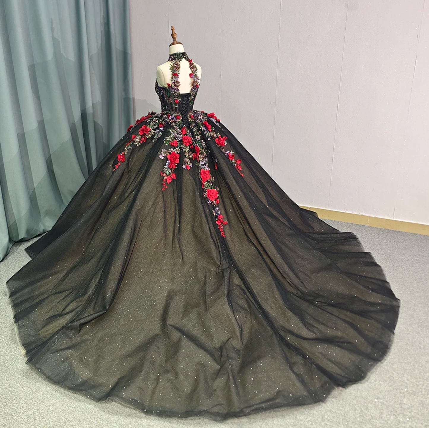 Quinceanera Dress Black Floral Sleeveless Ball Gown