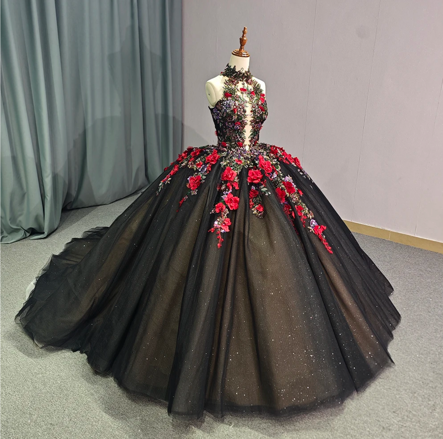 Quinceanera Dress Black Floral Sleeveless Ball Gown