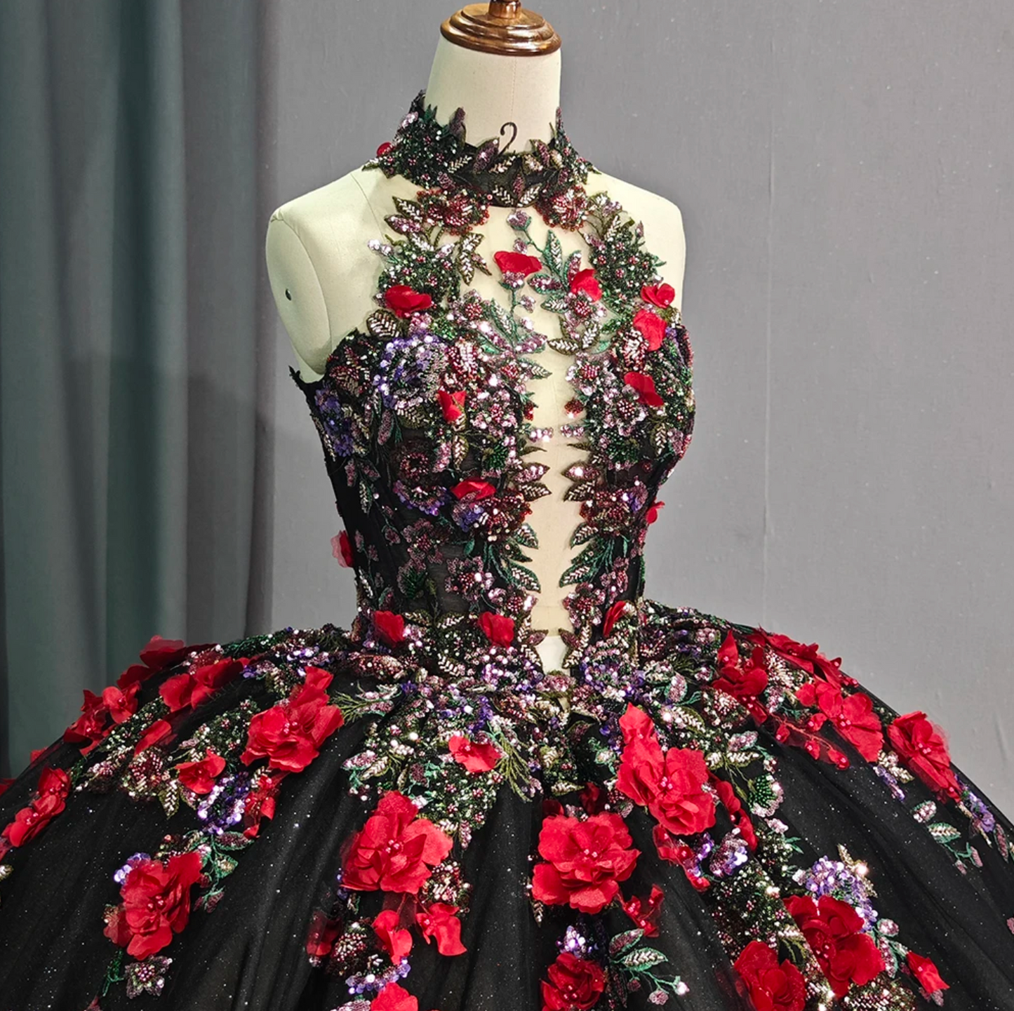 Quinceanera Dress Black Floral Sleeveless Ball Gown