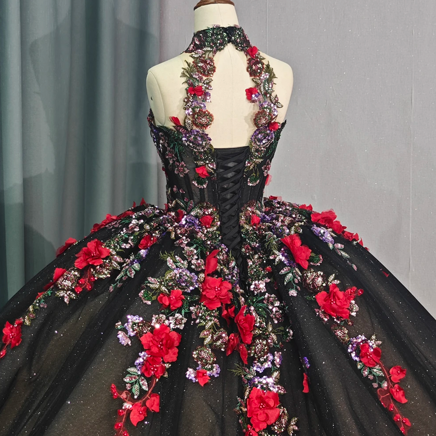 Quinceanera Dress Black Floral Sleeveless Ball Gown