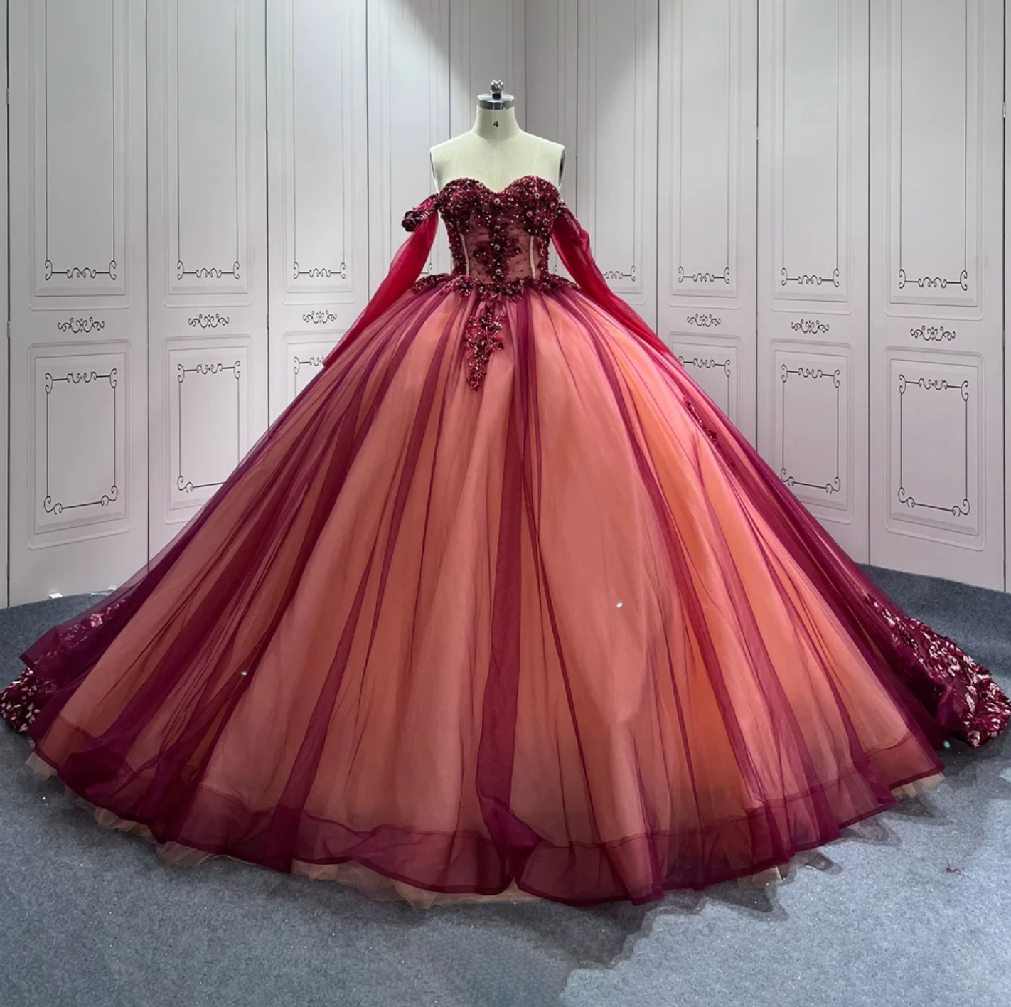 Quinceanera Dress Red Chiffon Ball Gown With Train, Be the belle of the ball in our exquisite Red Quinceanera Ball Gown Dress. The classic, victorian-style A-line silhouette