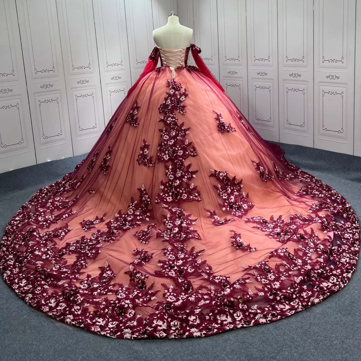 Quinceanera Dress Red Chiffon Ball Gown With Train, Be the belle of the ball in our exquisite Red Quinceanera Ball Gown Dress. The classic, victorian-style A-line silhouette