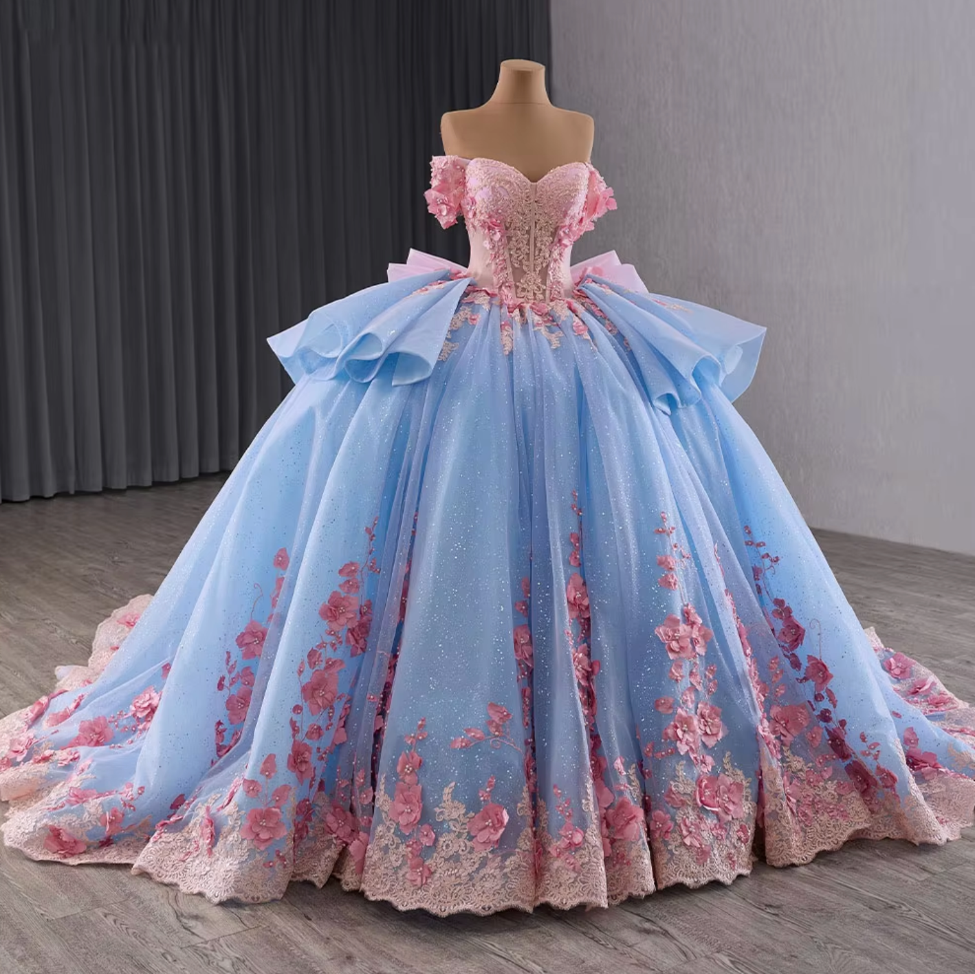 Quinceanera Dress Pink Blue Beaded Chiffon Ball Gown, Be the belle of the ball in this hot pink and blue quinceañera dress! The sparkling beaded bodice