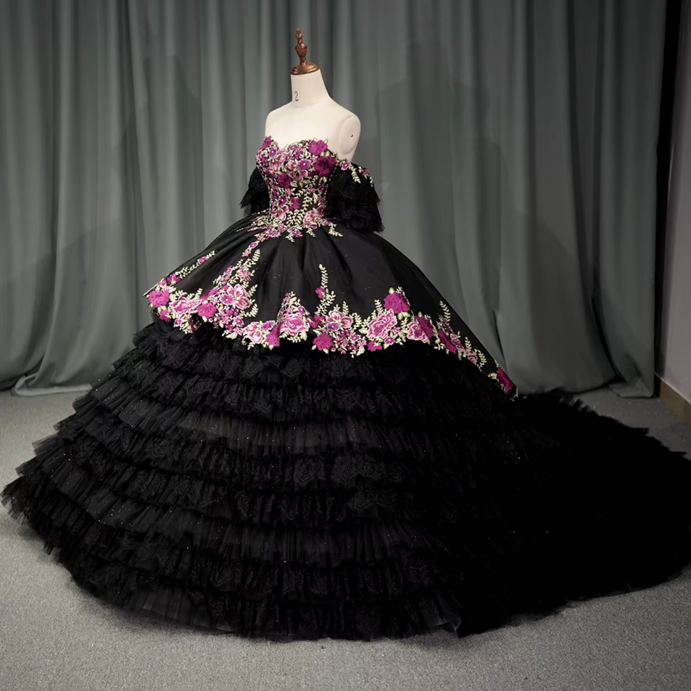 Quinceanera Dress Black Detachable Sleeve Ball Gown