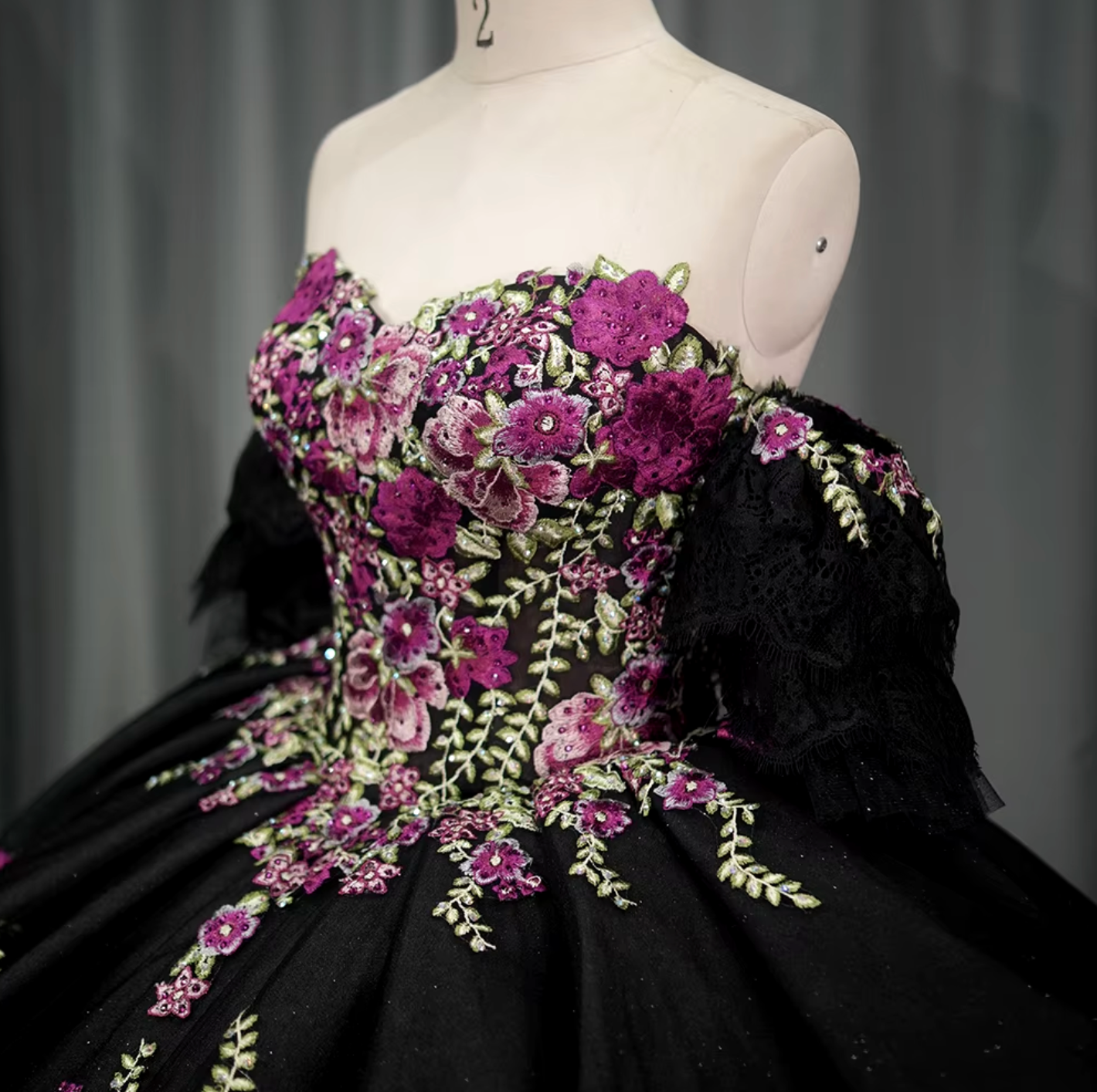 Quinceanera Dress Black Detachable Sleeve Ball Gown
