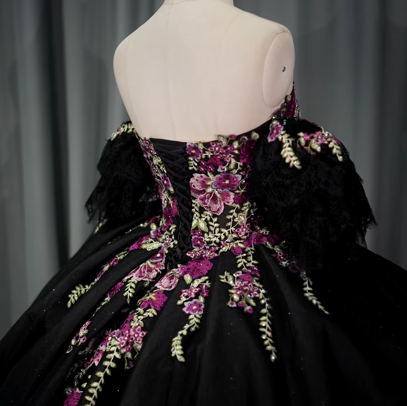 Quinceanera Dress Black Detachable Sleeve Ball Gown