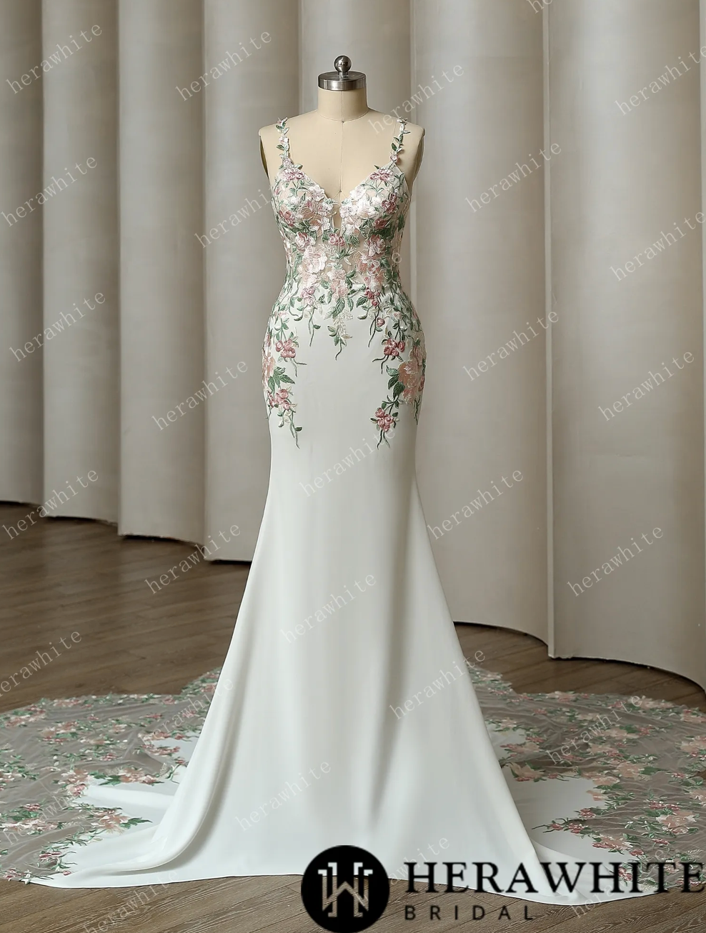 Crepe Lace Frosted Embroidery Wedding Dress Bridal Gown, Frosted embroidered florals look breathtaking. The sleek fit and flare